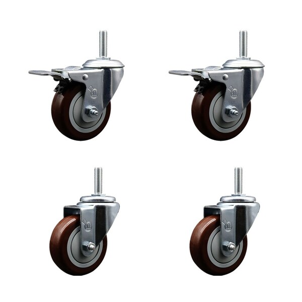 Service Caster 35 Inch Maroon Polyurethane Swivel 58 Inch Threaded Stem Caster Set 2 Total Lock Brakes SCC-TSTTL20S3514-PPUB-MRN-58212-2-S2 - main